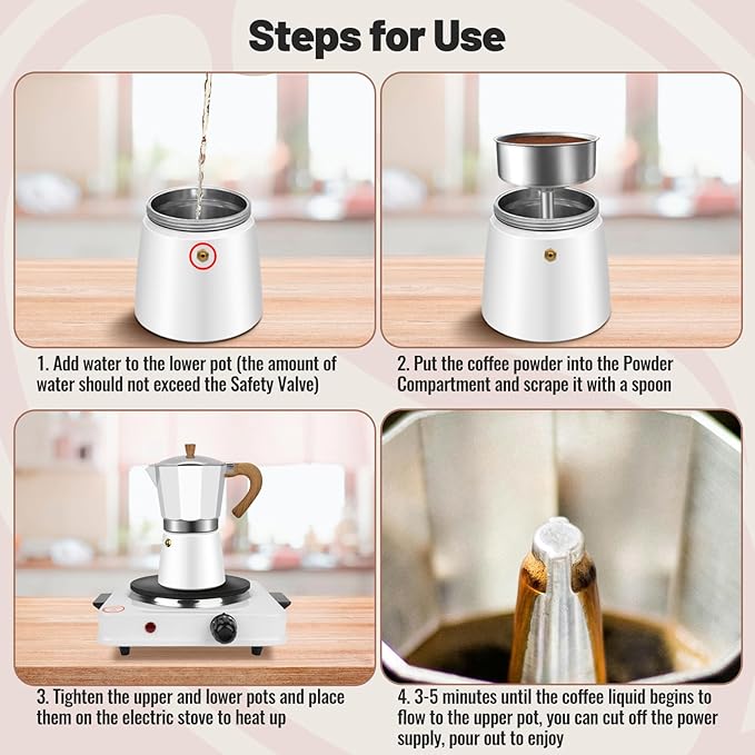 3 Cup Aluminum Moka Pot Classic Stovetop Espresso Coffee Maker 150ml 5oz Coffeemaker Percolator Mocha Express Preferred Cafe Makers for Italian and Cuban Café Brewing White