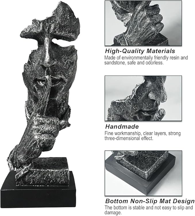 fazhongfa Thinker Statue - Silence is Gold Modern Decor Creative Abstract Art Figurine Resin Sculptures Decoration Room Home Study Office Figurines for Desktop Shelf Table Ornament (Silver)