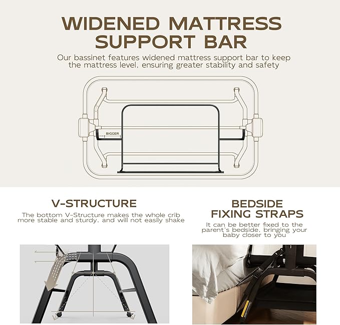 BabyBond Baby Bassinet, 3 in 1 Bassinet Bedside Sleeper with Washable Soft Mattress and Sheet, 6 Height Adjustable Bedside Crib, 4-Sided Mesh Bedside Bassinet for Baby