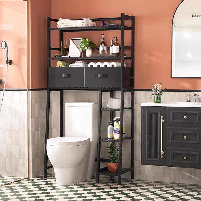 Homykic Over The Toilet Storage with 2 Drawers, Bamboo Above Toilet Shelf Organizer, Bathroom Tower Rack with Toilet Paper Holder Stand, Space Saver, Mass Storage, No Rust, Black
