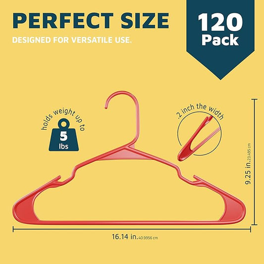 Plastic Clothes Hangers – Heavy Duty Hanger Set, for Organizing Clothes, Dresses, and Coat, Holds Up to 5 lbs, Space-Saving Hangers with Non-Slip Shoulder Grooves, Pack of 120, Red