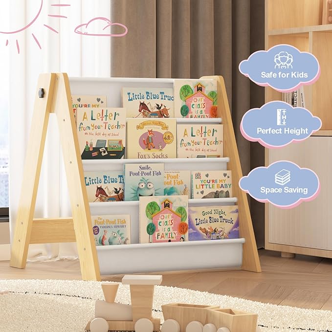 NACHES 4-Tier Foldable Kids Bookshelf, Large Capacity Montessori Sling Bookcase with 4 Deep Fabric Pockets, Magazine and Book Storage Rack for Nursery, Kids Room, Bedroom, Playroom (Burlywood)