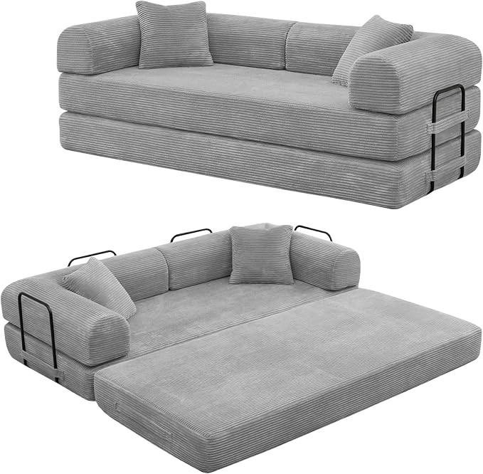 Rovibek 4-in-1 Convertible Sleeper Sofa Bed Queen Size, Foldable Floor Couch Corduroy, Folding Futon Sofa Beds with Pillow and Fixed-Shape Frame, Suitable for Living Room, Bedroom, Lounge, Light Grey