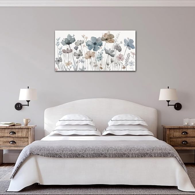Elegant Flowers Canvas Wall Art - Floral Pictures for Wall Decor Indigo Brown Grey Canvas Painting Nature Printing Artwork for Living Room Bedroom Home Office Wall Decoration 24" x 48"