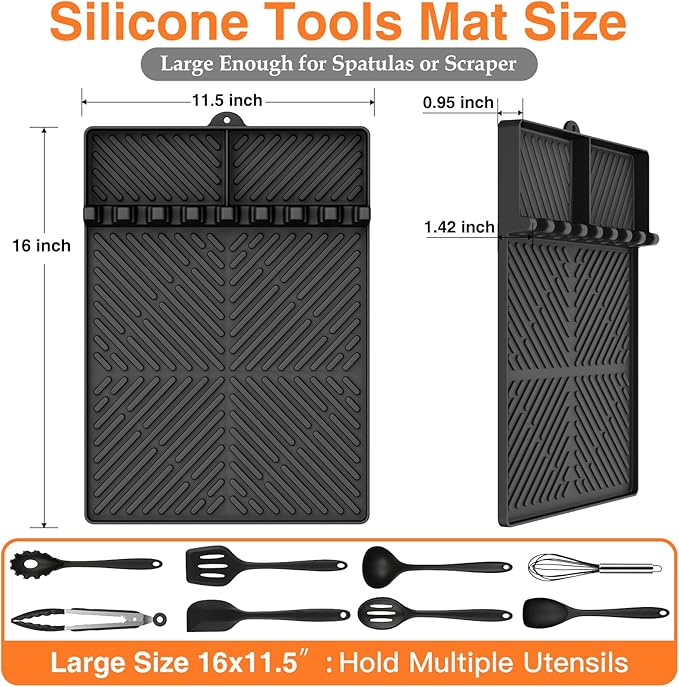 Silicone Griddle Tools Mat for Blackstone, Spatula Mat with Drip Pad Grill Utensil Holder Side Shelf Mat for Kitchen, Cooking, Countertop, Griddle Accessories for Blackstone, 1 PACK