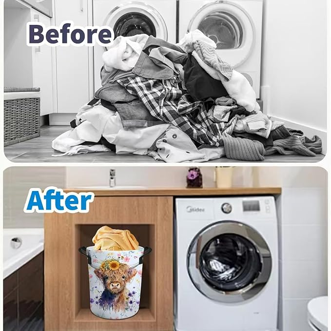 Highland Cow Laundry Basket Nursery Baby Hamper Western Room Decor Funny Tote Bag for Teen Boy Girl Gift 17.7"x13.7"