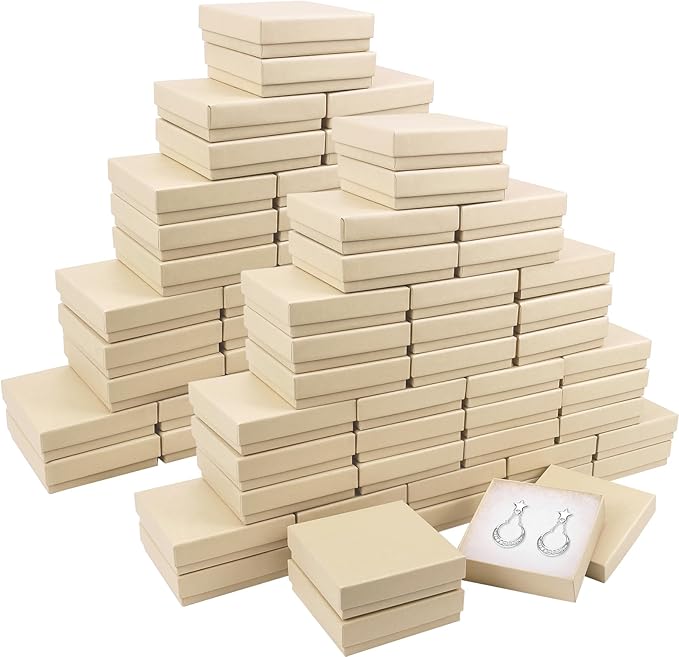 Cardboard Jewelry Gift Boxes, 80 Pack 3.5x3.5x1 Inch, Bulk Cotton Filled Small Jewelry Boxes with Lids for Necklace Ring Bracelet Earring Display Box (Brown)