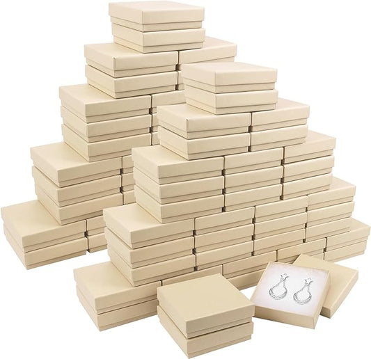 Cardboard Jewelry Gift Boxes, 80 Pack 3.5x3.5x1 Inch, Bulk Cotton Filled Small Jewelry Boxes with Lids for Necklace Ring Bracelet Earring Display Box (Brown)