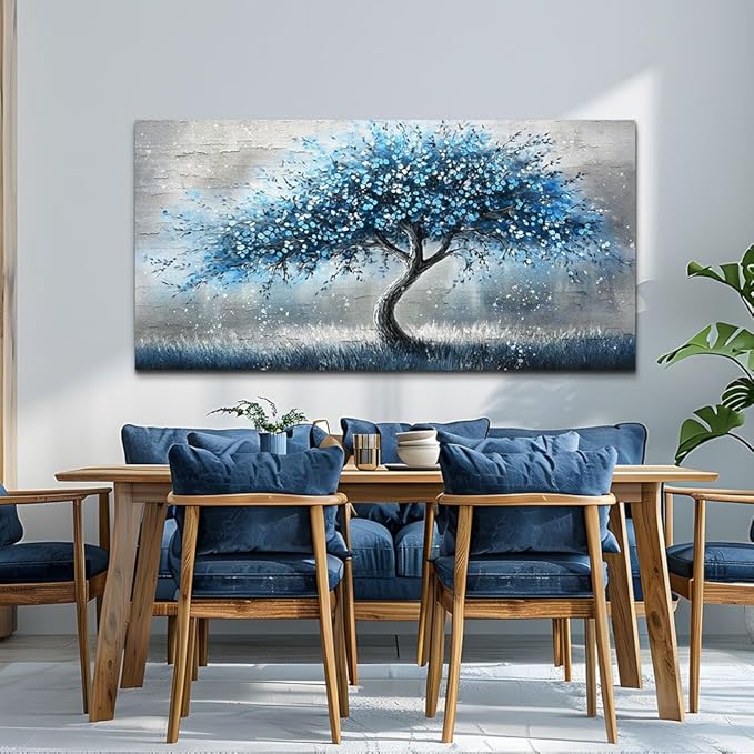 hyidecorart Wall Art Prints Abstract Canvas Painting Blue Tree Picture Panoramic Landscape Artwork Office Decor Modern Poster Ready To Hang Framed For Living Room Bedroom Home Decorations Wall Decor