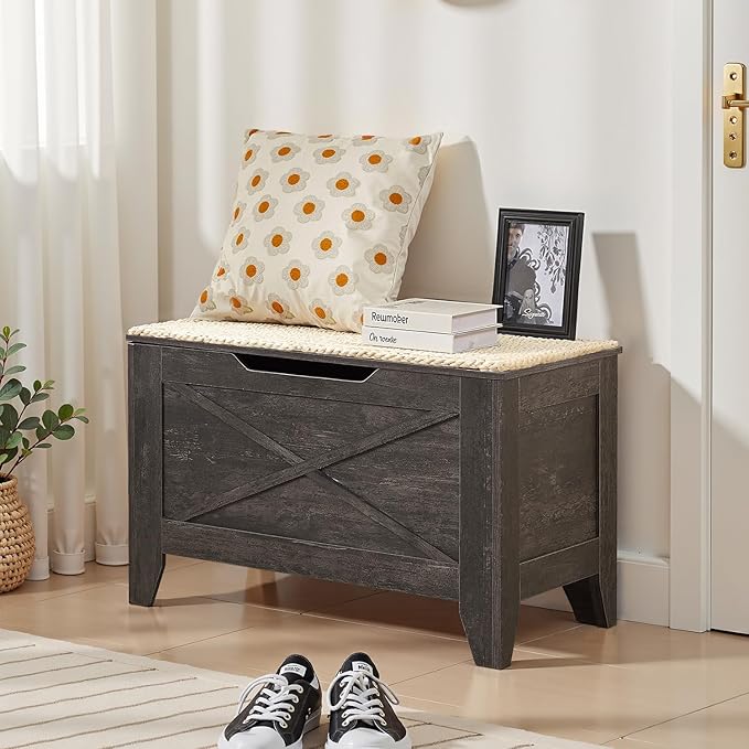 VECELO 30" Farmhouse Style Storage Bench, Entryway Shoe Ottoman, with Handwoven Cushion, with Metal Safety Hinges, for Bedroom, Living Room, Entryway, Grey