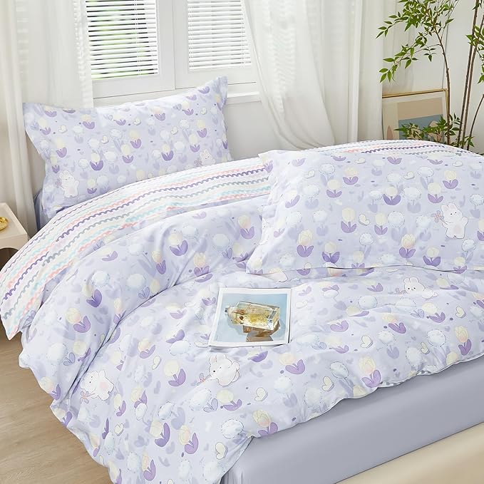 SAPHREAS Cute Rabbit Printed Duvet Cover Set Full Lovely Bunny Duvet Cover 3pcs Yellow Tulip Purple Dandelion Botanical Bedding Comforter Cover Set 100% Cotton 1 Duvet Cover 80"x90" 2 Pillow Shams