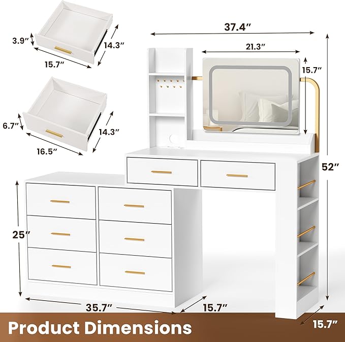 Pamapic 8 Drawers Vanity Desk with Mirror and Lights,Makeup Vanity with Power Outlet, 15 Storage Dresser with Mirror, Adjustable Width, Golden Handles Dressing Table, White