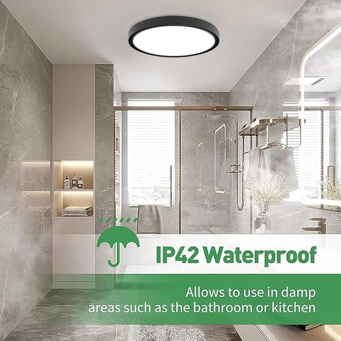 24 Inch Large LED Flush Mount Ceiling Light, 50W,5480LM, 3000K/4000K/6000K CCT Selectable, Black Round Flat Panel Low Profile Ceiling Light Fixtures for Hallway, Kitchen, Bedroom, Laundry Room