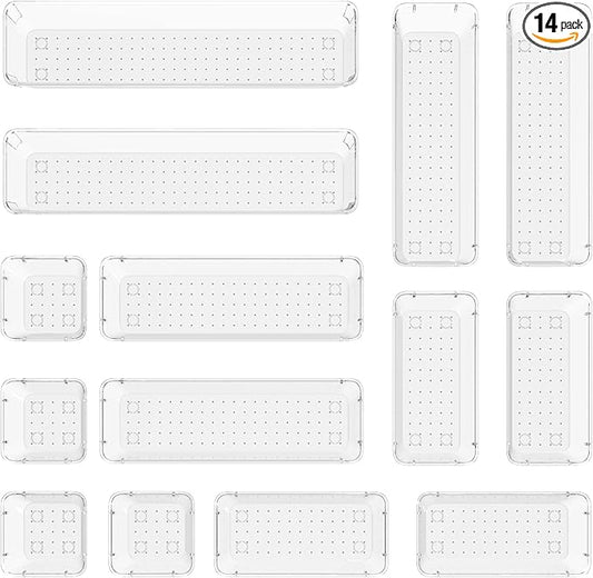 14-Piece Modular acrylic clear drawer dividers and storage bins- 4-Size Clear plastic Drawer Organizer Trays for Vanity,Dresser, Bathroom, Kitchen, Office Gadgets Utensils