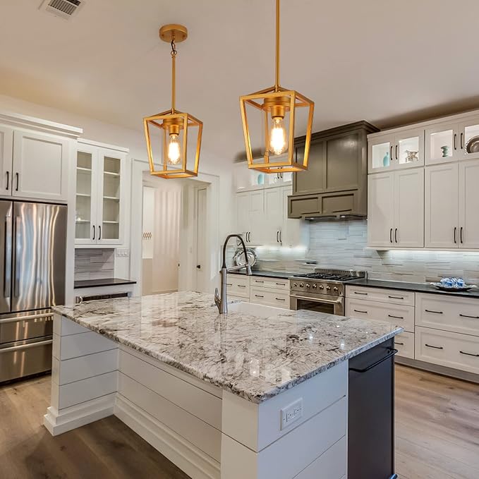 SGLfarmty 1-Light Gold Pendant Light, Farmhouse Cage Pendant Lighting Fixture for Kitchen Island, Lantern Pendant Lights Brass Finish with Glass, Modern Geometric Hanging Light for Foyer, Entryway