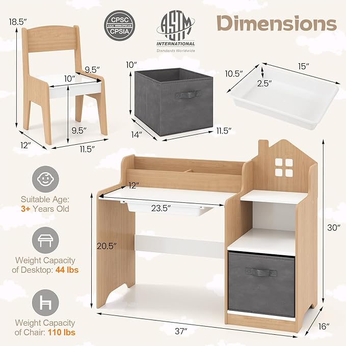 Costzon Kids Desk and Chair Set, Wooden Children Multi-Activity Table with Hutch, Bookshelf, Drawer & Fabric Storage Bin, Kids Table and Chair Set for Drawing, Writing, Crafts