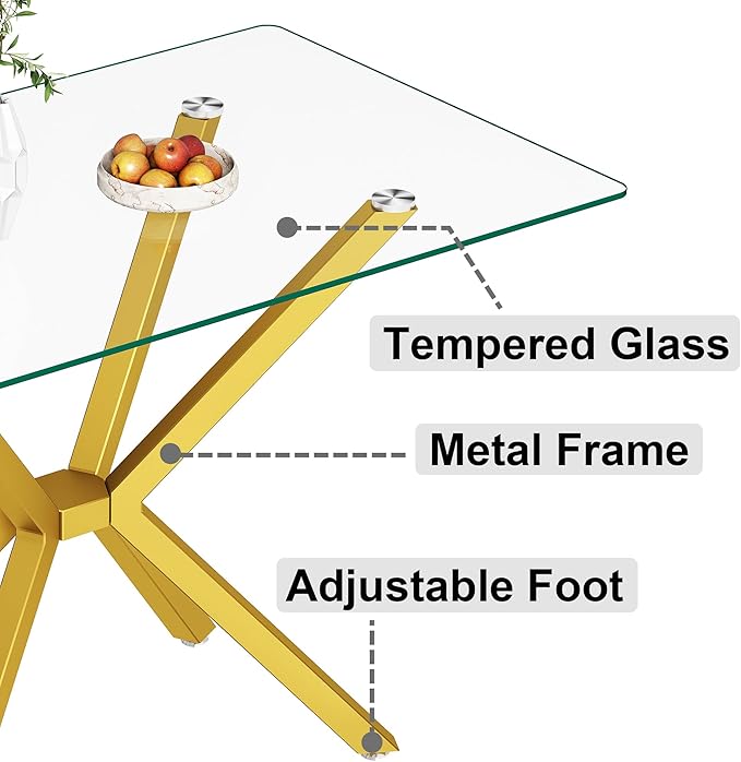 Modern Rectangular Glass Dining Table with Tempered Glass Top and Metal Legs - Perfect for Home, Kitchen, Dining Room