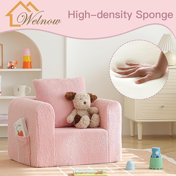 Welnow Kids Sofa with Pillow, Cozy Toddler Chair Soft Foam Seat for Reading, Children's Couch with Armrest Lightweight Comfy Kids Furniture for Bedroom, Playroom for Boys and Girls, Sherpa Pink
