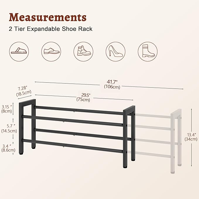 FAVOOSTY 2-Tier Expandable Shoe Rack, Adjustable Shoe Shelf Storage Organizer Space Saving Metal Free Standing Shoe Rack for Entryway Closet Doorway, Black