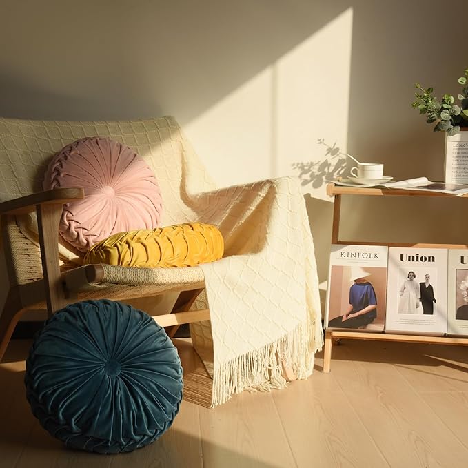 HIG Set of 2 Teal Ruched Velvet Round Throw Pillows – 14.5’’ Decorative Pillows with Soft Polyester Filling for Couch, Bed, Living Room, Bedroom, or Dorm – Handmade, Stress Relieving, All-Season