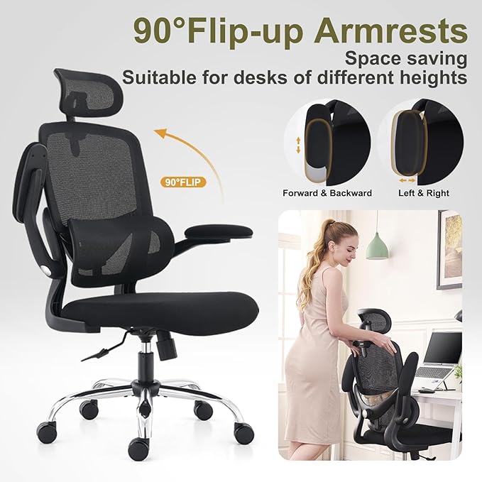 Ergonomic Home Office Chair, High Back Mesh Desk Chair with Adjustable Lumbar Support, Flip-up Armrest, Removable Headrest, Swivel Computer Gaming Chair, Space Saving, 330LBS (Black)