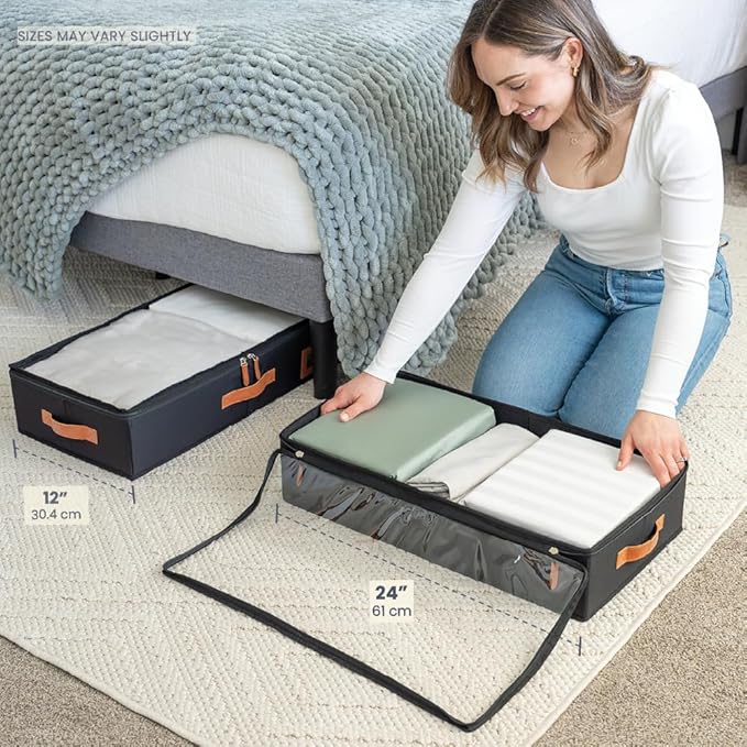 OrganiHaus Under Bed Storage Containers, Bedroom Storage and Organization Bins, Clothes Organizer for Closet with Clear Cover and Reinforced Handles - Set of 2 23.5x12.5x5 inches Black