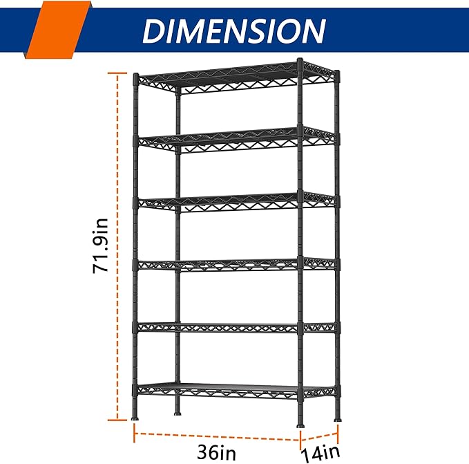 6-Shelf Adjustable Heavy Duty Storage Shelving Unit, Metal Organizer Wire Rack for Laundry Bathroom Kitchen Pantry Closet No Wheels, Black