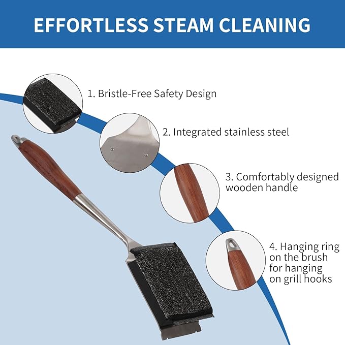 Grill Brush Bristle-Free, with Replaceable Head & Wooden Handle – Safe, Heat-Resistant BBQ Cleaner for All Grill Types (Cast Iron, Stainless Steel, Gas, Charcoal)