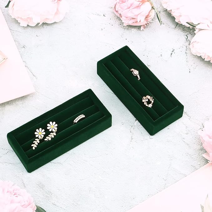 Small Jewelry Tray-Ring Organizer 2PCS Premium Velvet Rings Earrings Display Tray Storage Insert Holder for Jewelry Box, Drawer, Dresser (3 Slots, Green)