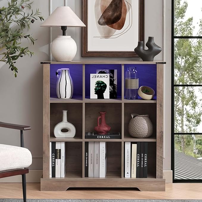 9 Cube Storage Organizer, 3 Tier Bookshelf for Living Room, Farmhouse Bookcase with Led, Kids Toy Storage Cabinet, Wall Cubby Shelves for Home Decor, Wood Display Cabinet for Bedroom, Grey