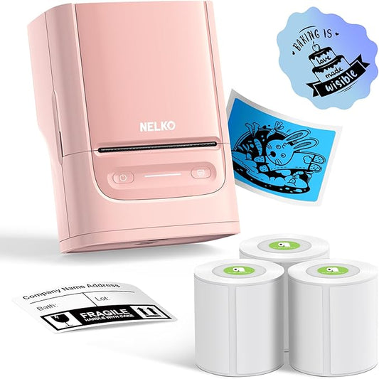Nelko Label Maker Machine with Tape, PM220 Bluetooth Label Printer, 2 Inch Portable Thermal Printer for Small Business, Logo, Clothing, Sticker Printer for Phones & PC, with 3 Labels, Pink