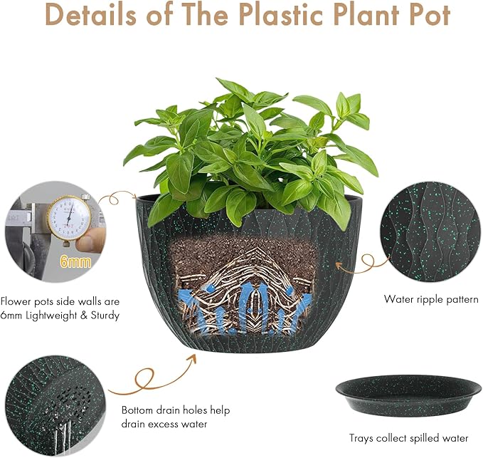 12 Inch Wide Water Ripples Flower Pots for Indoor or Outdoor Plants, Large Plant Pots with Drainage Holes & Saucer, Plastic Planters Set for Garden & Home Decor (Black with Green Speckles)
