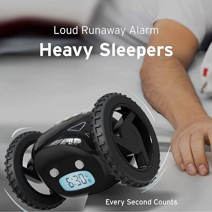 CLOCKY Extra Loud Alarm Clock for Heavy Sleepers on Wheels Rolls Runaway Vibrating Easy To Set Super Smart Snooze Digital Bed Shaker Alarm Clock Funny Gift for Adults Kids Teens Bedroom (Black Wheels)
