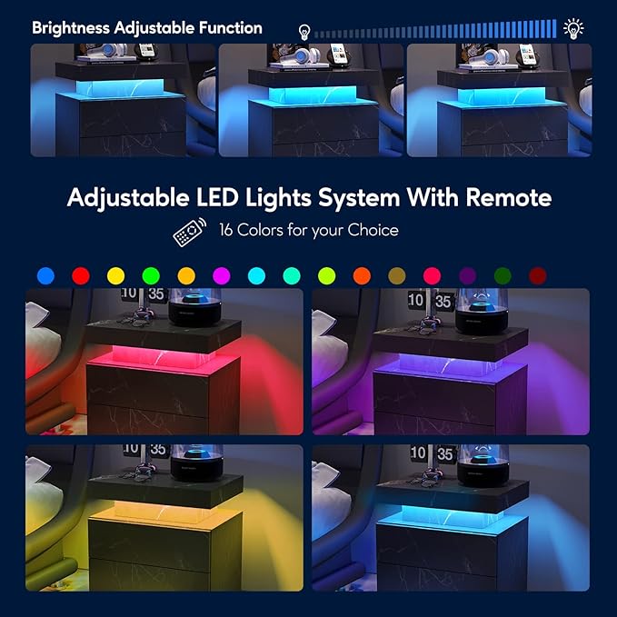 LED Nightstands, Bedside Table with 2 Drawers, Modern Bedroom Furniture with Changing RGB Light & Remote for Bedroom and Living Room, Black Marble Pattern