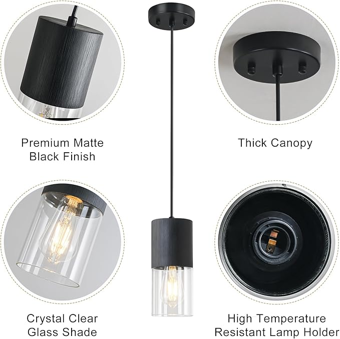 Black Pendant Light Fixtures, Adjustable Modern Pendant Lights for Kitchen Island, Industrial Clear Glass Pendant Lights for Dining Table Hallway Bedroom Living Room, 1 Pack