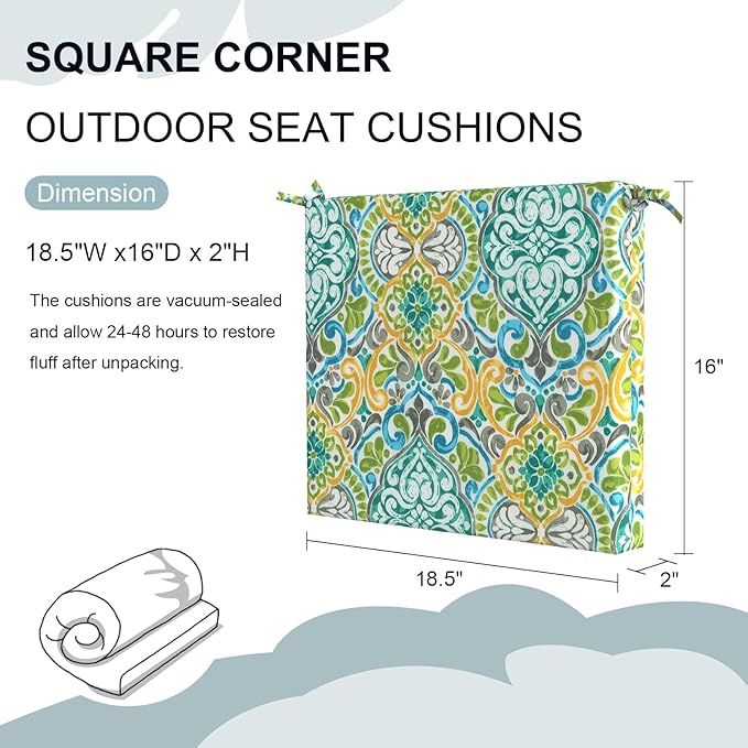 Set of 4 Outdoor Square Chair Cushions 18.5"x16"x2" for Patio, Water Resistant Patio Dining Seat Pads Replacement for Kitchen Garden and Outdoor Furniture Decoration - Damask Green