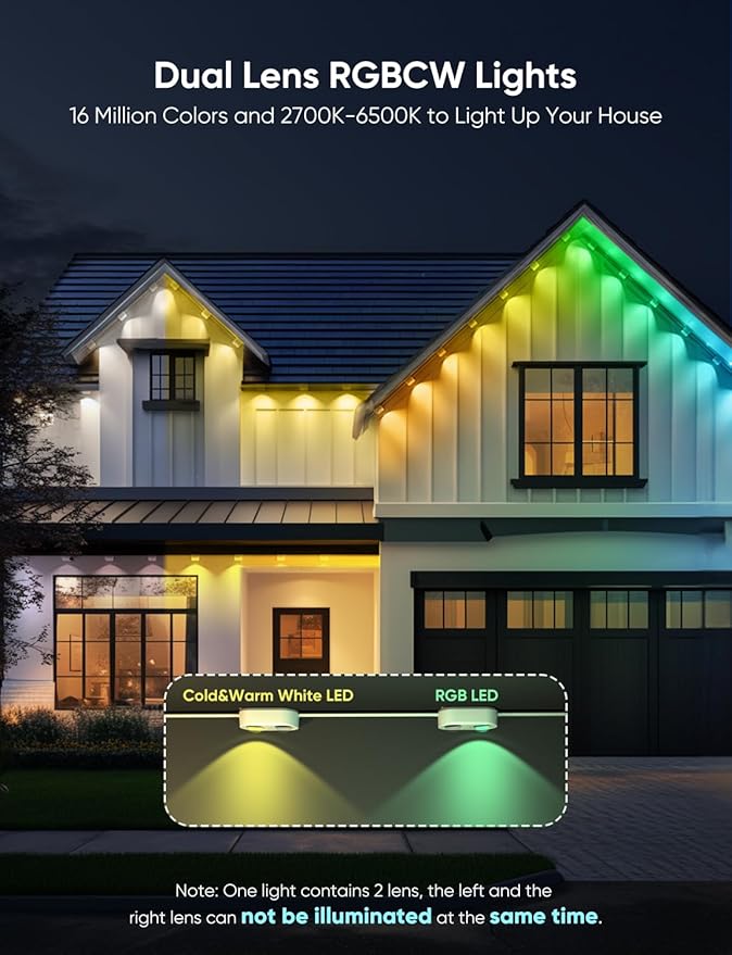 APPECK Permanent Outdoor Lights Pro 200ft, 144W RGBCW Eaves Lights with 144 LED Lights, 80lm, Cuttable, 111 Scene Modes, IP67 Waterproof Lighting for Christmas Decoration, Work with Alexa, Black