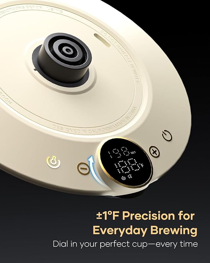 Cocinare FLOW B9 Gooseneck Electric Kettle, Precise Temperature Control for Pour-Over Coffee & Tea Brewing, Stainless Steel Interior, Rapid Heating for Boiling Water 0.9L (Morandi White)