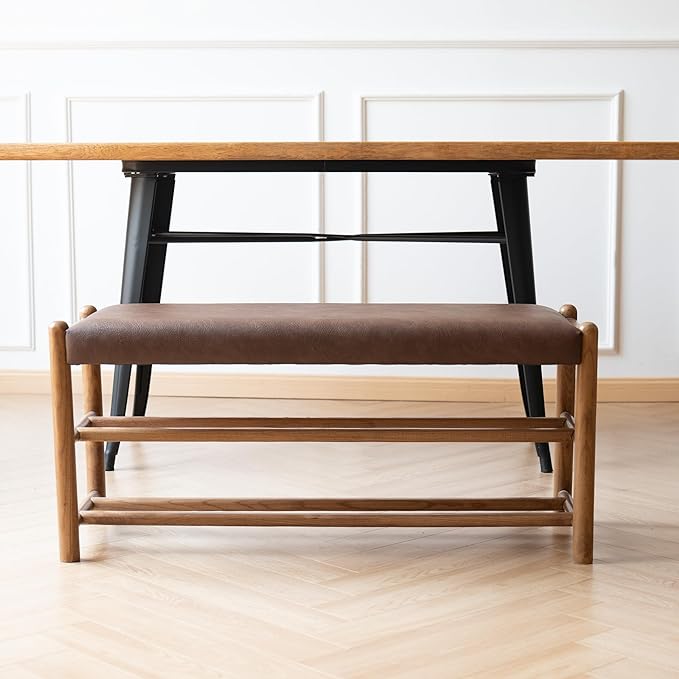 Solid Wood Entryway Bench with Shoe Storage, Rustic Oak Wood and PU Leather 39.4 Inch Long Seating for Living and Dining Rooms, 3-Tier Brown