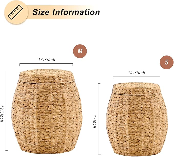 Round Wicker Basket with Lid, Handwoven Water Hyacinth Storage Basket, Blanket Organizer Basket for Laundry, Bathroom, Bedroom, Living Room, Office