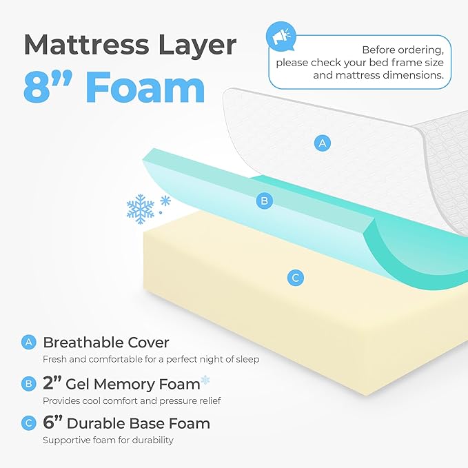 Neo Sleep 8 Inch Twin Cooling Gel Memory Foam Mattress Medium Firm CertiPUR-US Certified Foam, Mattress in a Box Enhanced Pressure Relief Removable Soft Cover No Fiberglass (Twin, 8 in)