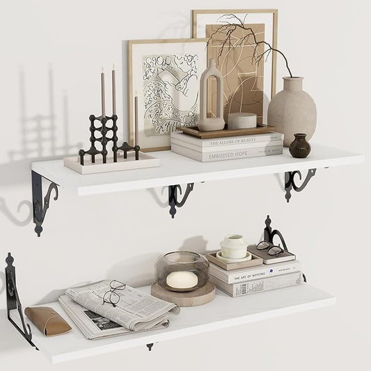Deep Floating Shelves, 31" W x 12" D Wall Shelves Set of 2, Wide Display Shelf Wall Mounted with Brackets, Bookshelf for Living Room, Bathroom, Bedroom, White