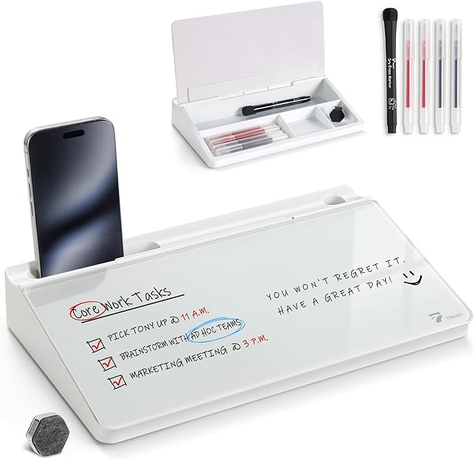 TOWON Small Compact Glass Desktop Whiteboard with Storage – 12 x 7 in Dry Erase Board for Desk, Home Office, School | Includes 5 Markers, Eraser & Holder | Space-Saving Organizer, Aesthetic White