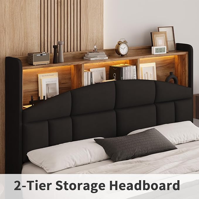 Queen Bed Frame with Headboard and LED Lights, Velvet Upholstered Bed Frame with Wooden Slats Support, No Box Spring Needed, No Noise, Black