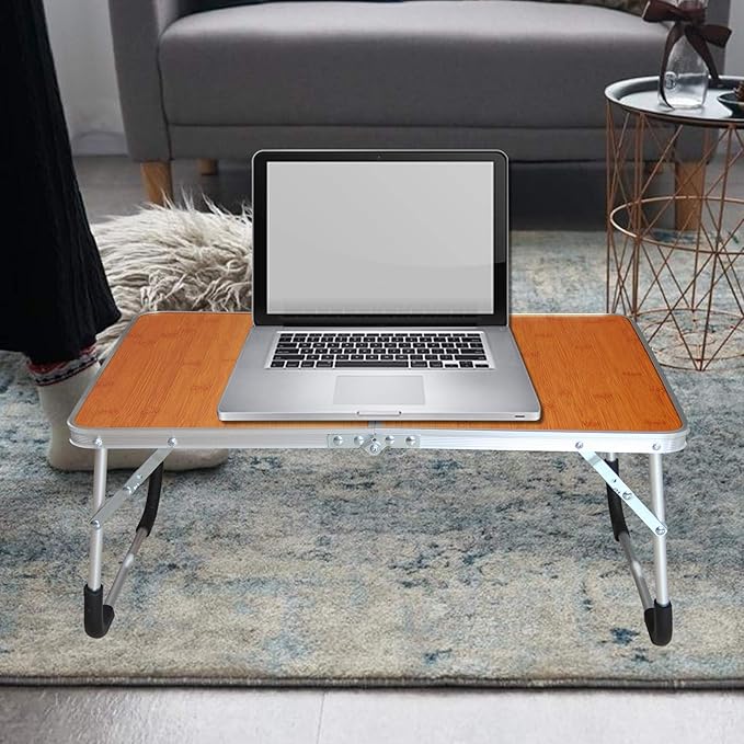 Foldable Laptop Table, Bed Desk, Breakfast Serving Bed Tray, Portable Mini Picnic Table & Ultra Lightweight, Folds in Half with Inner Storage Space (Bamboo Wood Grain)