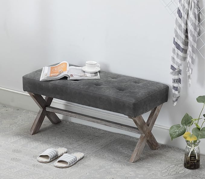 chairus PU Leather Upholstered Entryway Bench, 36 inch Bedroom Bench Seat with X-Shaped Wood Legs for Living Room, Foyer or Hallway - Gray