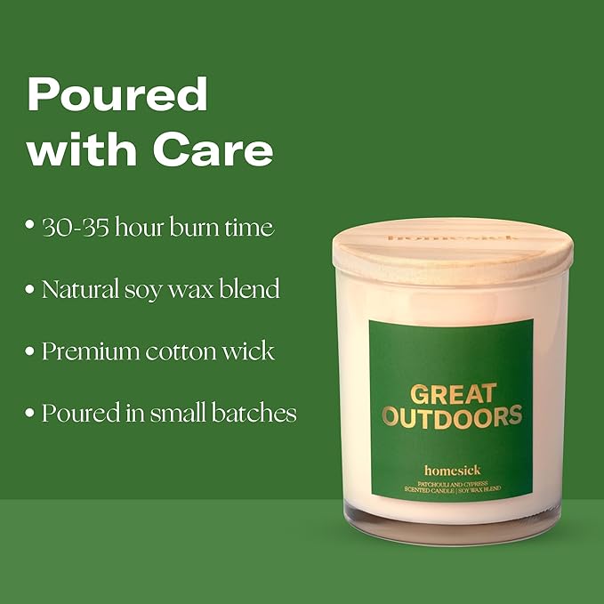 Homesick Scented Candles for Home (Great Outdoors) - 7.5 oz Long-Lasting Natural Soy Wax Blend Jar Candle Gift for Women & Men for All Occasions, 30-35 Hours Burn Time - Notes of Patchouli & Cypress