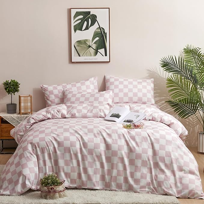 Pink and White Checkered Comforter Set Full Comforter Set 3 Piece Bedding Set with Lightweight Comforter and 2 Pillowcases Soft Microfiber All-Season