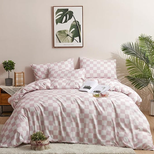 Pink and White Checkered Comforter Set King Comforter Set 3 Piece Bedding Set with Lightweight Comforter and 2 Pillowcases Soft Microfiber All-Season