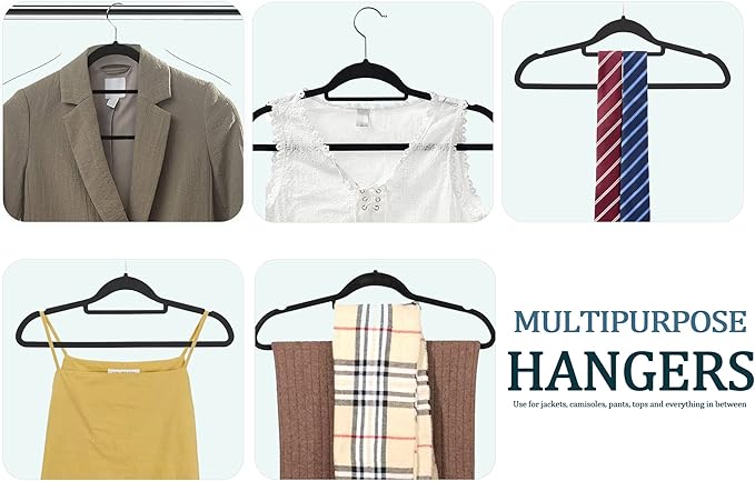 Premium Velvet Hangers, [50 Pack] Non Slip and Heavy Duty Velvet Suit Hangers (45cm) with Tie Bar, 360° Swivel Hooks, Sturdy to Hold Jumper, Pullovers, Jackets & Hoodies (50 Pack, Black)